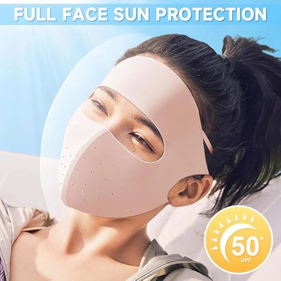 Person wearing sun mask while riding scooter